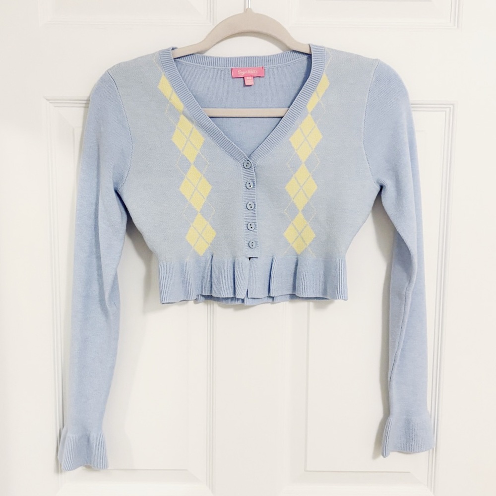 Dolls Kill Sugar Thrillz Pastel Blue Kawaii Knitted Cardigan Sweater Top